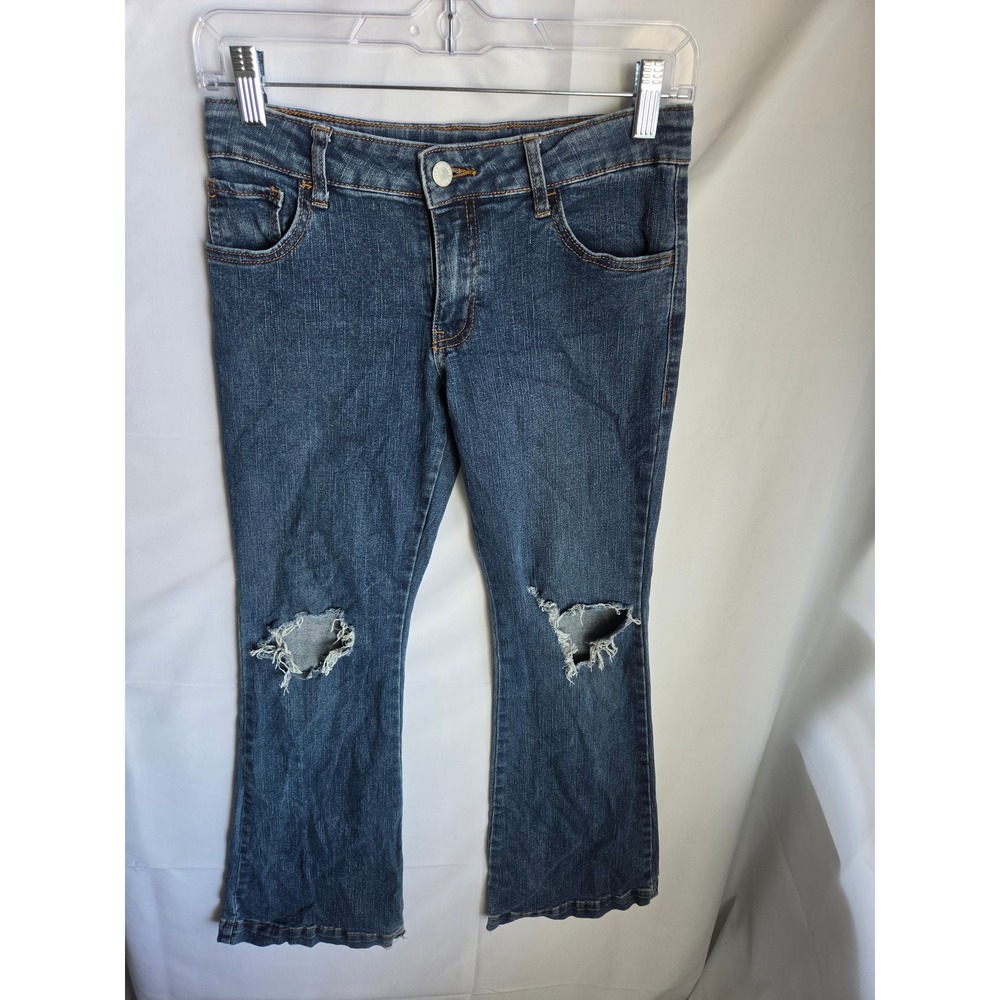 Art Class Girls Distressed Flare Jeans Blue Ripped Knee Raw Hem